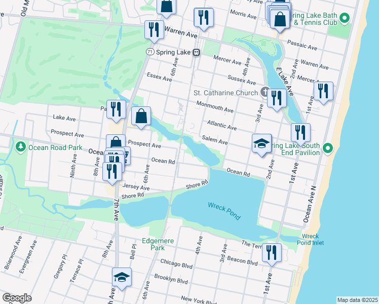 map of restaurants, bars, coffee shops, grocery stores, and more near 421 Salem Avenue in Spring Lake