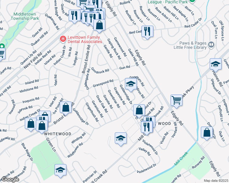 map of restaurants, bars, coffee shops, grocery stores, and more near 45 Grapevine Road in Levittown