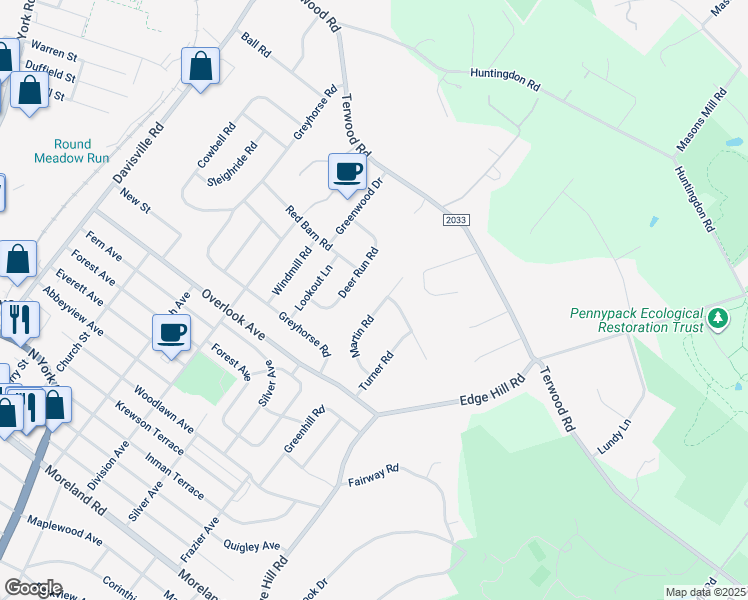 map of restaurants, bars, coffee shops, grocery stores, and more near 2610 Martin Road in Willow Grove