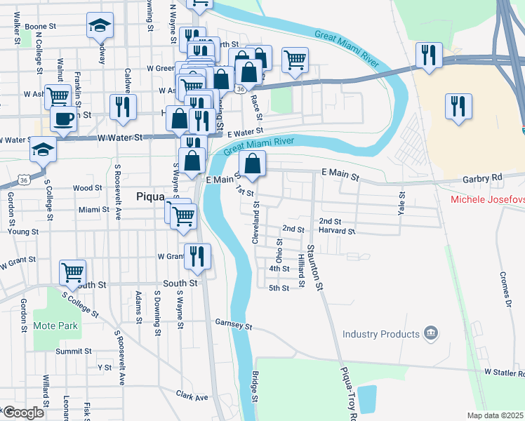 map of restaurants, bars, coffee shops, grocery stores, and more near 210 1st Street in Piqua