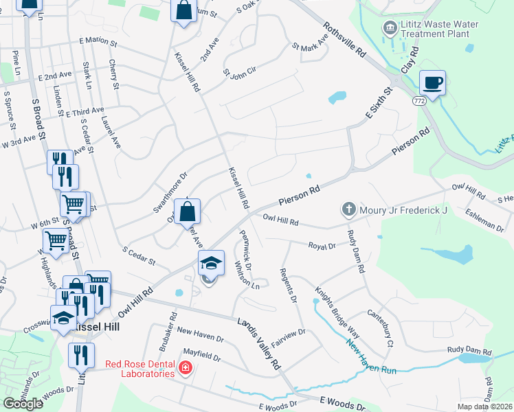 map of restaurants, bars, coffee shops, grocery stores, and more near 303 Pierson Road in Lititz