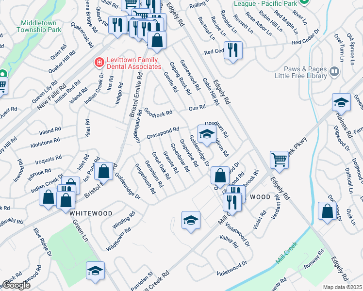 map of restaurants, bars, coffee shops, grocery stores, and more near 45 Grapevine Road in Levittown