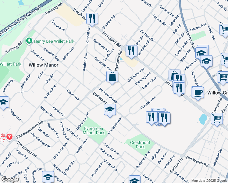 map of restaurants, bars, coffee shops, grocery stores, and more near 1816 Osbourne Avenue in Willow Grove