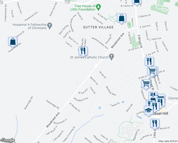 map of restaurants, bars, coffee shops, grocery stores, and more near 610 Woodcrest Avenue in Lititz