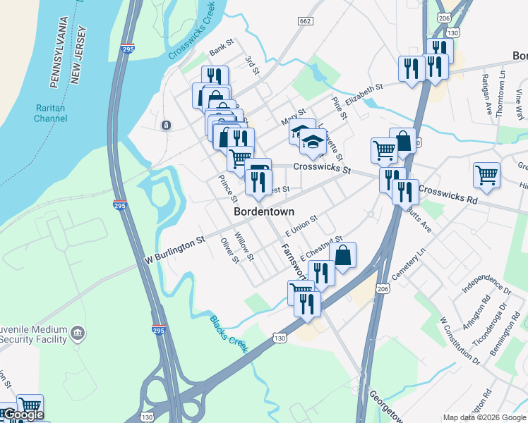 map of restaurants, bars, coffee shops, grocery stores, and more near in Bordentown