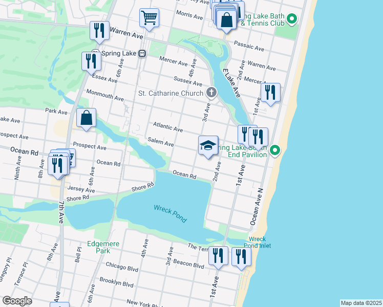 map of restaurants, bars, coffee shops, grocery stores, and more near 300 Salem Avenue in Spring Lake
