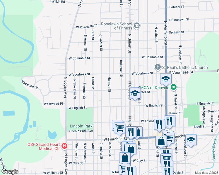map of restaurants, bars, coffee shops, grocery stores, and more near 1217 Harmon Avenue in Danville