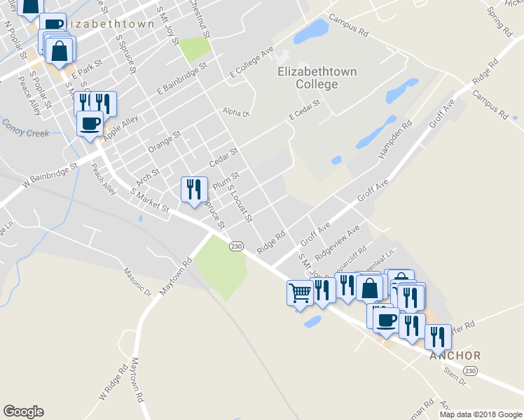map of restaurants, bars, coffee shops, grocery stores, and more near 350 Lemon Street in Elizabethtown