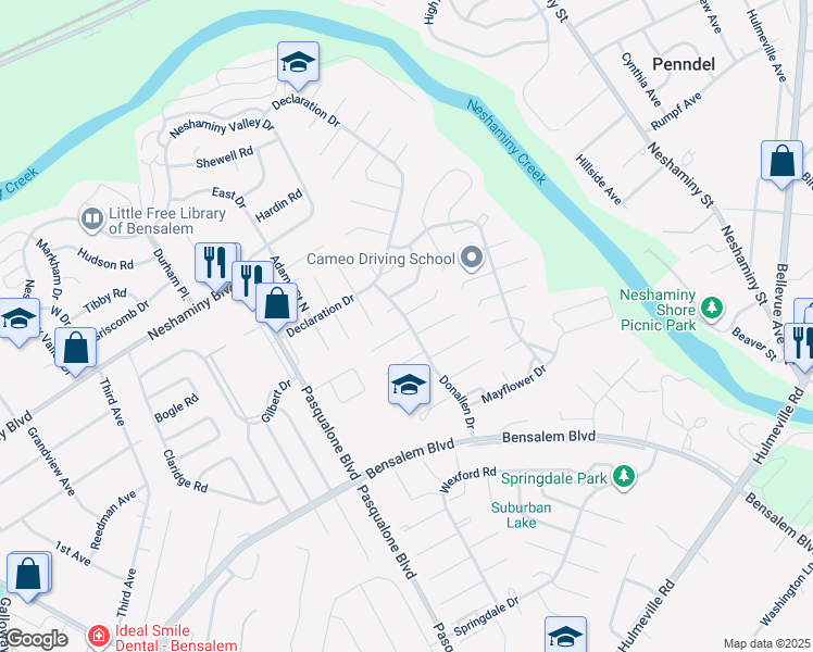map of restaurants, bars, coffee shops, grocery stores, and more near 6209 Patrick Henry Court in Bensalem