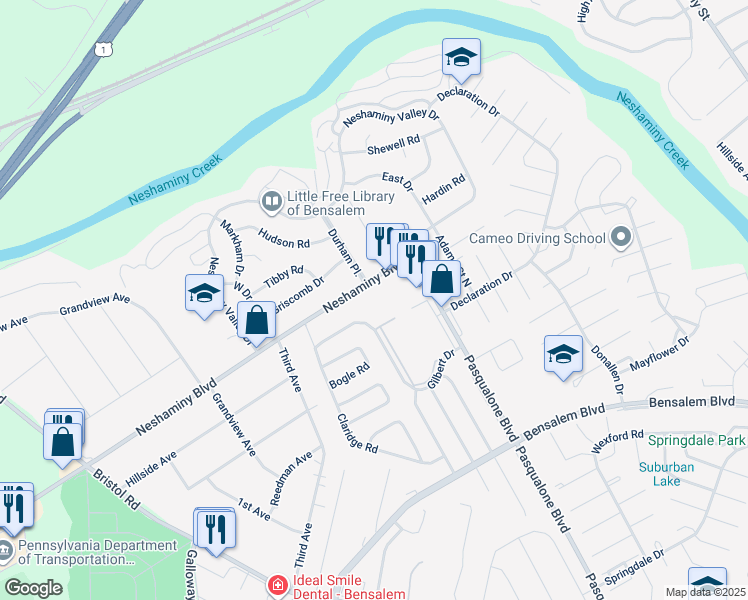 map of restaurants, bars, coffee shops, grocery stores, and more near 609 Durham Place in Bensalem