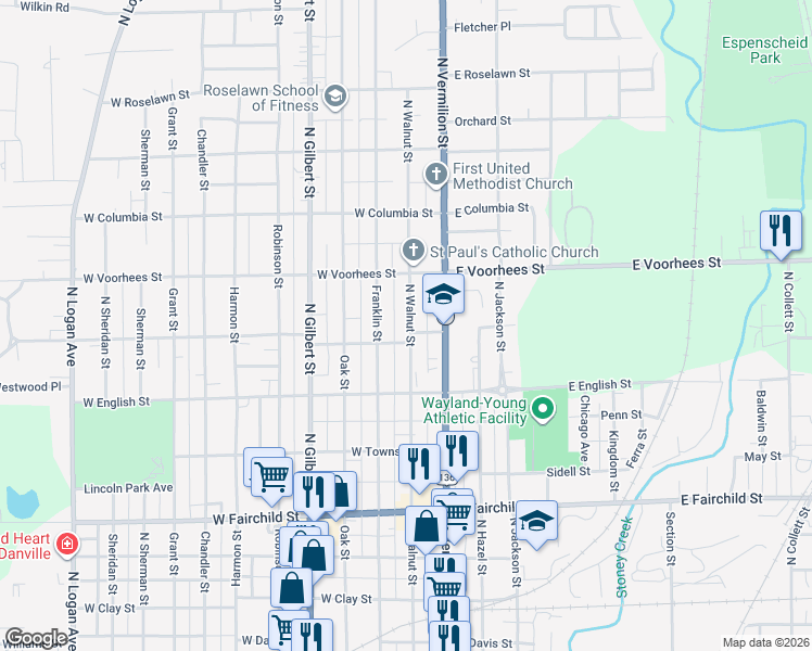 map of restaurants, bars, coffee shops, grocery stores, and more near 1218 North Walnut Street in Danville