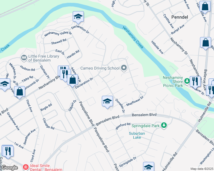map of restaurants, bars, coffee shops, grocery stores, and more near 6205 Patrick Henry Court in Bensalem