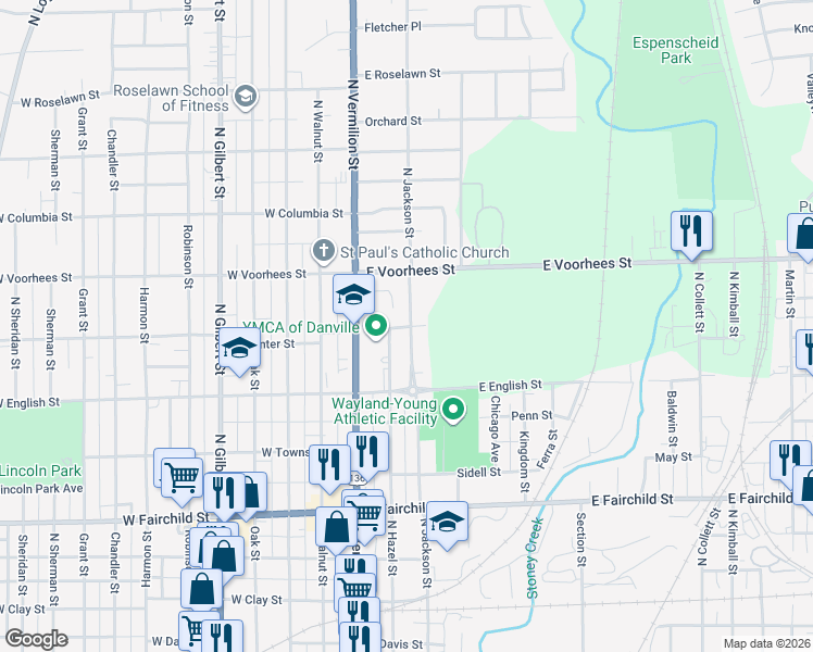 map of restaurants, bars, coffee shops, grocery stores, and more near 1202 North Jackson Street in Danville