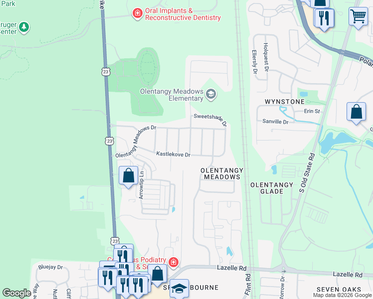 map of restaurants, bars, coffee shops, grocery stores, and more near 8816 Meadow Grass Lane in Lewis Center