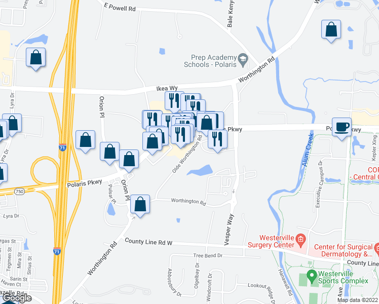 map of restaurants, bars, coffee shops, grocery stores, and more near Olde Worthington Road in Columbus