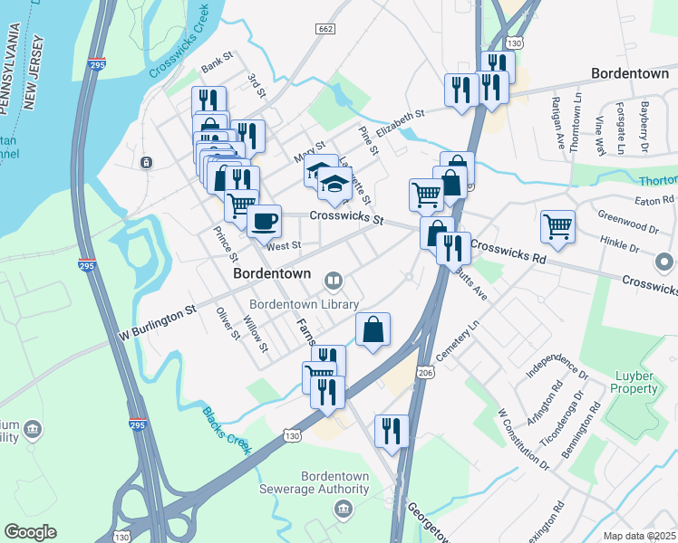map of restaurants, bars, coffee shops, grocery stores, and more near 33 East Union Street in Bordentown