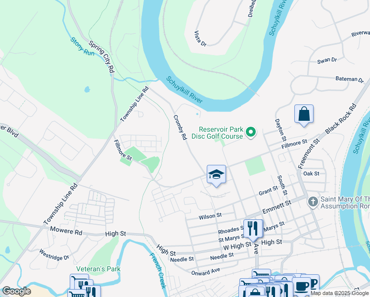 map of restaurants, bars, coffee shops, grocery stores, and more near 10 Cromby Road in Phoenixville