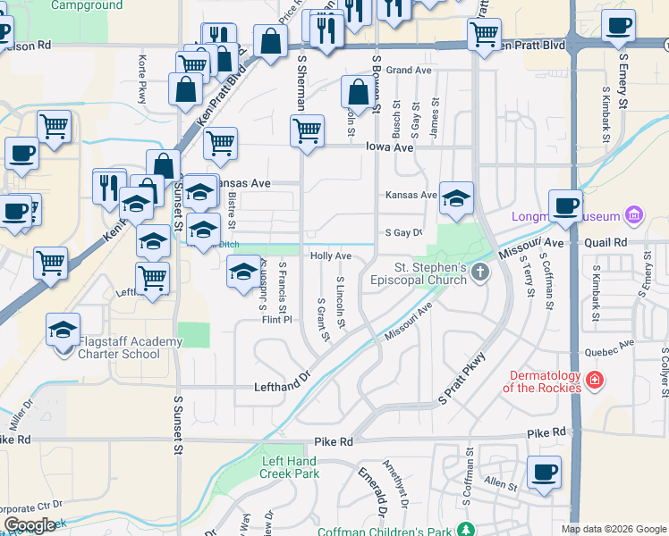 map of restaurants, bars, coffee shops, grocery stores, and more near 1303 South Lincoln Street in Longmont