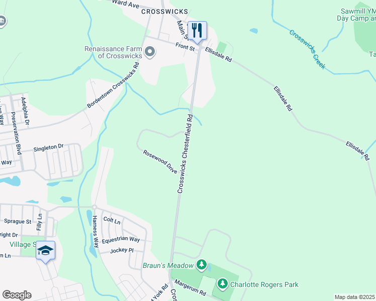 map of restaurants, bars, coffee shops, grocery stores, and more near 22 Rosewood Drive in Crosswicks