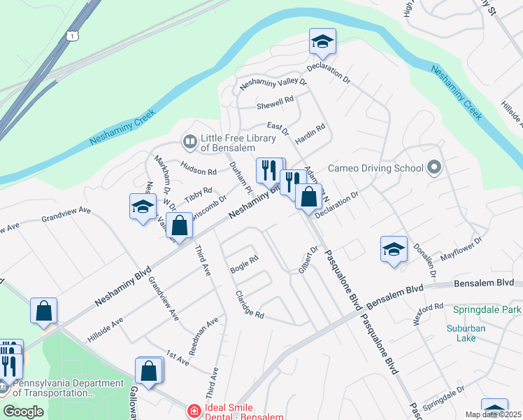 map of restaurants, bars, coffee shops, grocery stores, and more near 609 Durham Place in Bensalem