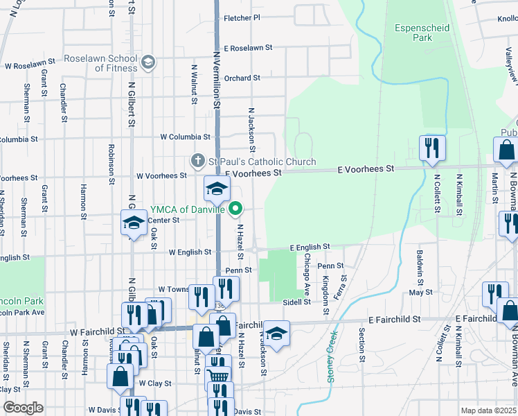 map of restaurants, bars, coffee shops, grocery stores, and more near 1012 North Jackson Street in Danville