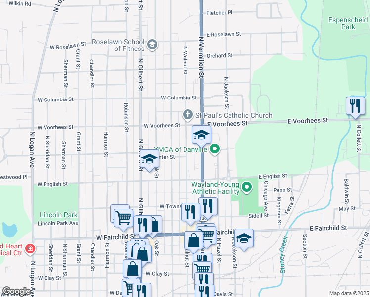 map of restaurants, bars, coffee shops, grocery stores, and more near 1233 North Walnut Street in Danville