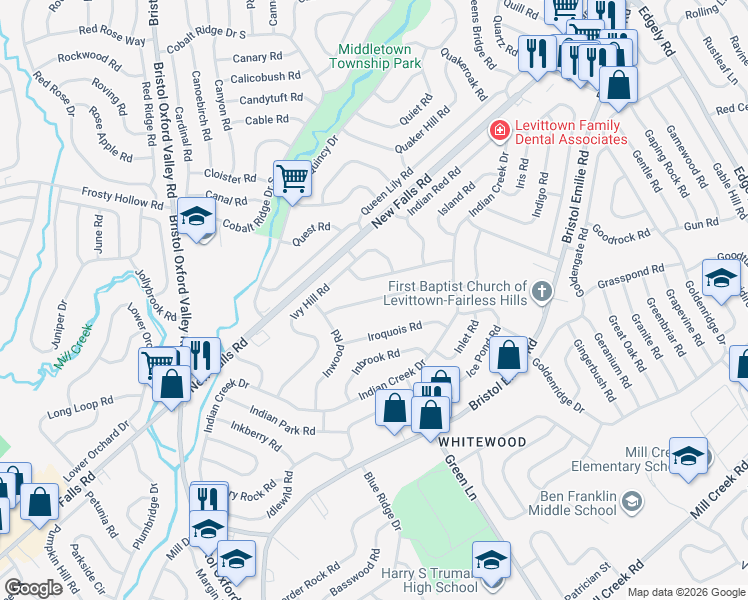 map of restaurants, bars, coffee shops, grocery stores, and more near 29 Idolstone Road in Levittown