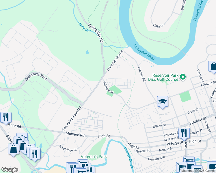 map of restaurants, bars, coffee shops, grocery stores, and more near 1296 Fillmore Street in Phoenixville