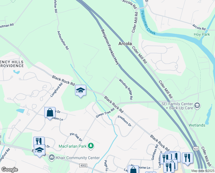 map of restaurants, bars, coffee shops, grocery stores, and more near 137 Olympic Road in Collegeville