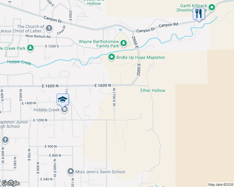map of restaurants, bars, coffee shops, grocery stores, and more near 1502 North 1700 East street in Mapleton