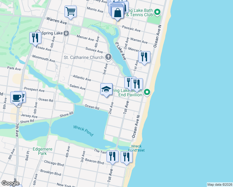 map of restaurants, bars, coffee shops, grocery stores, and more near 113 Atlantic Avenue in Spring Lake