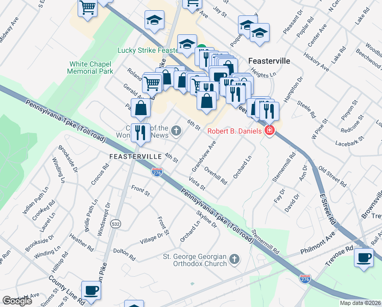 map of restaurants, bars, coffee shops, grocery stores, and more near 525 Harding Avenue in Feasterville-Trevose