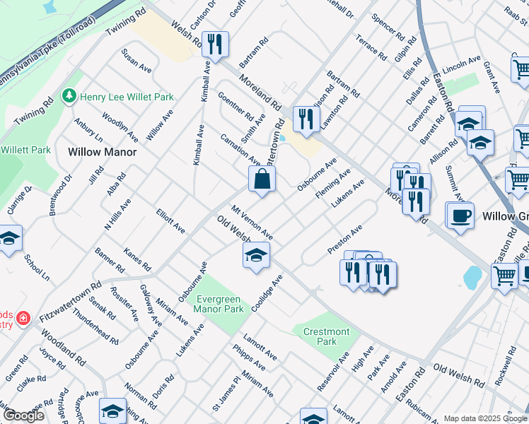 map of restaurants, bars, coffee shops, grocery stores, and more near 1816 Osbourne Avenue in Willow Grove