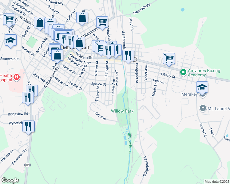 map of restaurants, bars, coffee shops, grocery stores, and more near 139 Center Avenue in Mount Pleasant