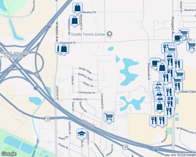 map of restaurants, bars, coffee shops, grocery stores, and more near 2603 Campbell Drive in Champaign