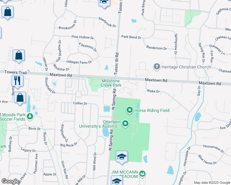 map of restaurants, bars, coffee shops, grocery stores, and more near 730 North Spring Road in Westerville