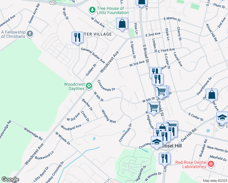 map of restaurants, bars, coffee shops, grocery stores, and more near 562 Crosswinds Drive in Lititz