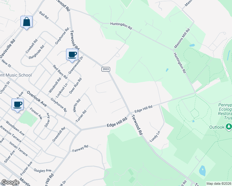 map of restaurants, bars, coffee shops, grocery stores, and more near 1960 Terwood Road in Willow Grove