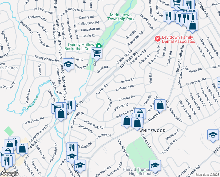 map of restaurants, bars, coffee shops, grocery stores, and more near 98 Ivy Hill Road in Levittown