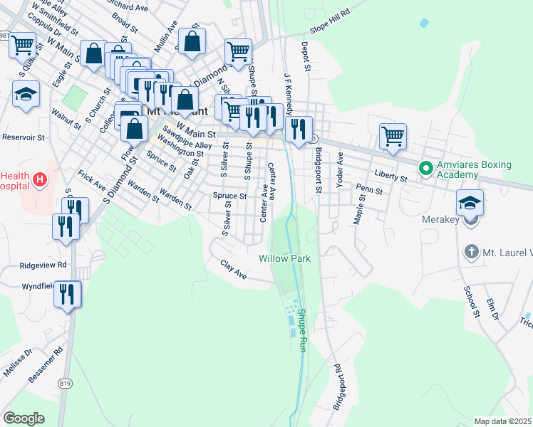map of restaurants, bars, coffee shops, grocery stores, and more near 139 Center Avenue in Mount Pleasant