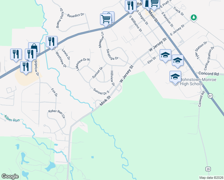 map of restaurants, bars, coffee shops, grocery stores, and more near 414 Hillview Drive in Johnstown