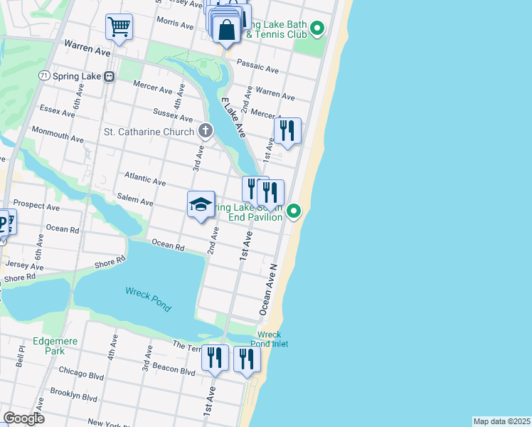 map of restaurants, bars, coffee shops, grocery stores, and more near 17 Atlantic Avenue in Spring Lake