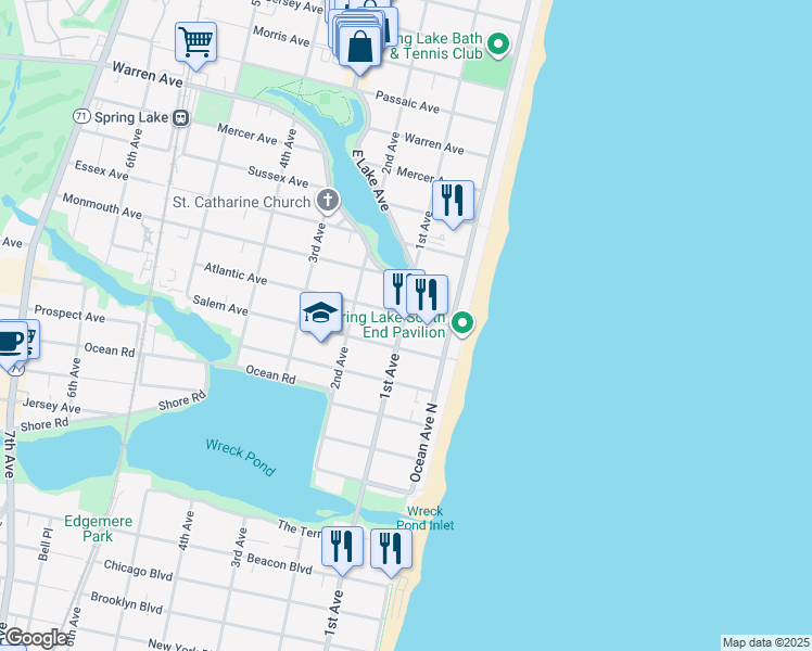 map of restaurants, bars, coffee shops, grocery stores, and more near 17 Atlantic Avenue in Spring Lake