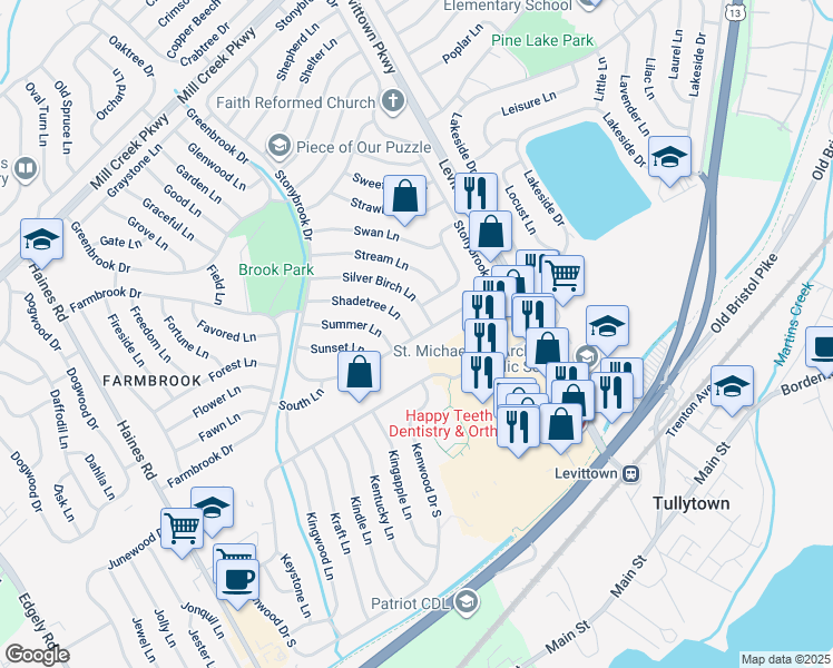 map of restaurants, bars, coffee shops, grocery stores, and more near 79 Stonybrook Drive in Levittown