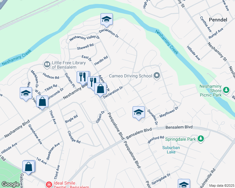 map of restaurants, bars, coffee shops, grocery stores, and more near 3333 Bryan Court in Bensalem