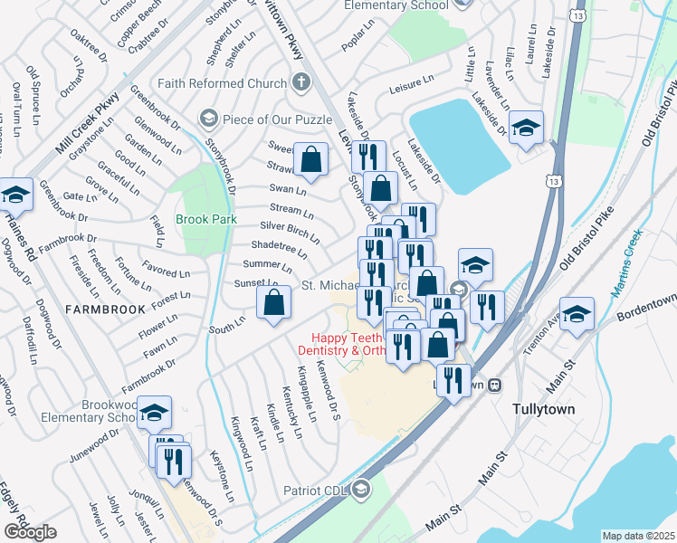 map of restaurants, bars, coffee shops, grocery stores, and more near 71 Stonybrook Drive in Levittown