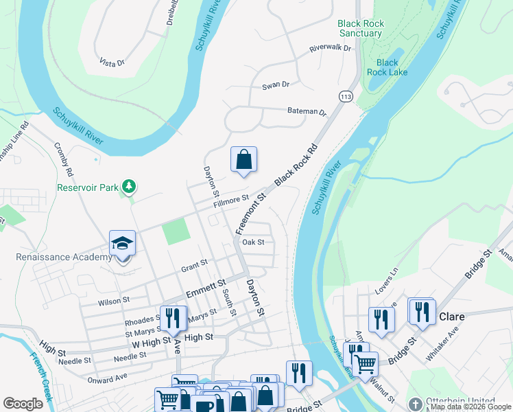 map of restaurants, bars, coffee shops, grocery stores, and more near 1027 Square Drive in Phoenixville