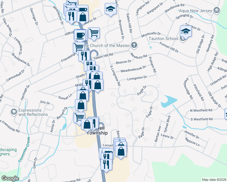 map of restaurants, bars, coffee shops, grocery stores, and more near 12 Finch Road in Howell Township