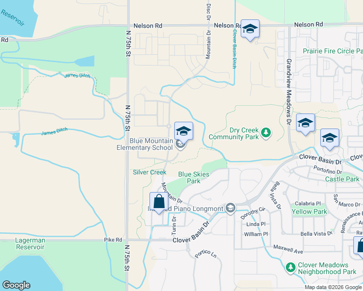 map of restaurants, bars, coffee shops, grocery stores, and more near 1260 Mountain Drive in Longmont