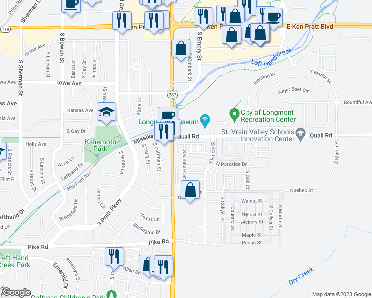 map of restaurants, bars, coffee shops, grocery stores, and more near 1204 Carriage Drive in Longmont